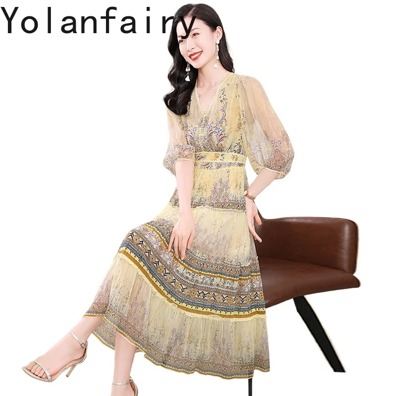 

YOLANFAIRY 100% натуральное шелковое платье тутового шелка для женщин, летнее элитное винтажное платье, модные элегантные длинные платья с принтом, женские