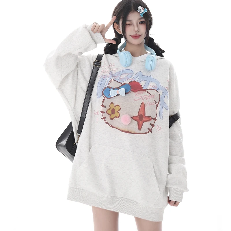 Hello Kitty Y2K Hooded Pullover Kawaii Sanrio Kt Cotton Sweatshirt Anime Cartoon Autumn Oversize Casual Loose Vintage Streetwear