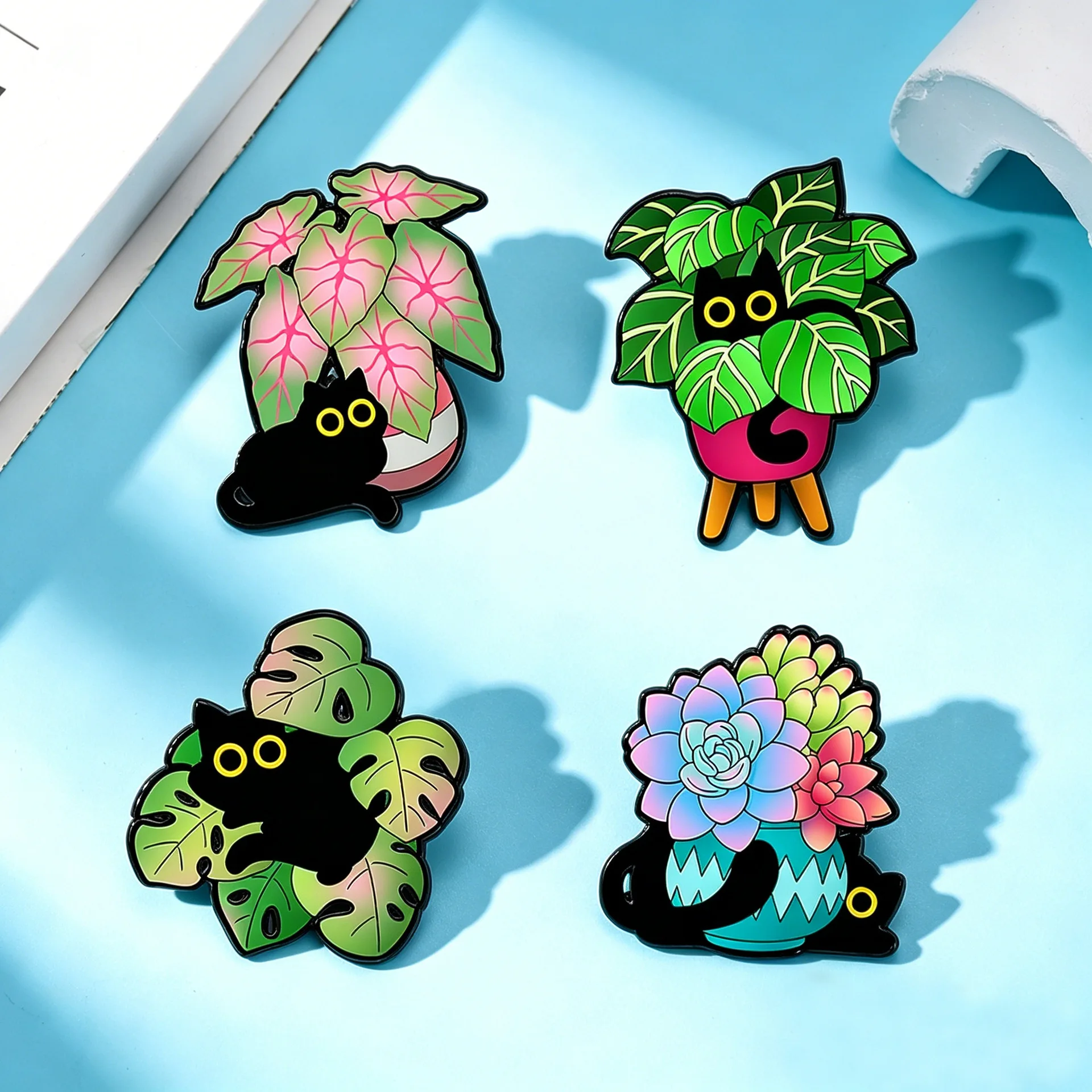 Potted Plant Black Cat Enamel Pins Green Leaves Monstera Caladium Succulent Cartoon Animal Brooches Funny Accessory Jewelry Gift