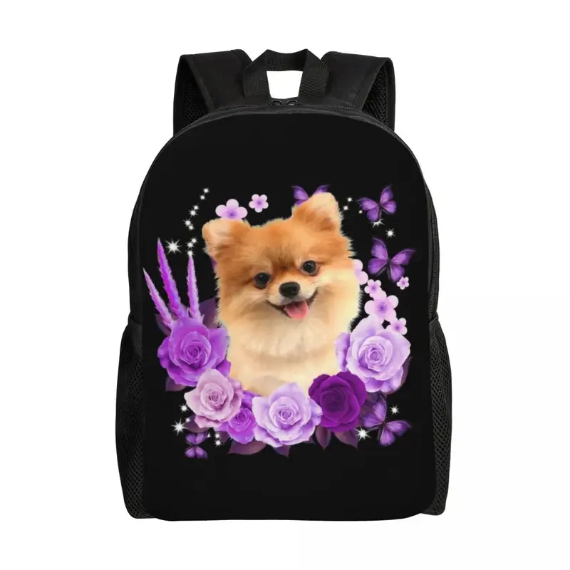 Mochila impermeável para homens e mulheres, Cão Pomeranian com flor rosa, Bolsa de escola universitária, Puppy Pet Bag, Estantes de impressão