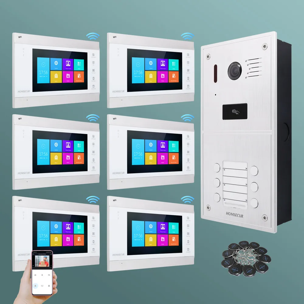 HOMSECUR 6-Apartment HD Video Door Phone Intercom System with RFID Access Control Camera and Auto Recording