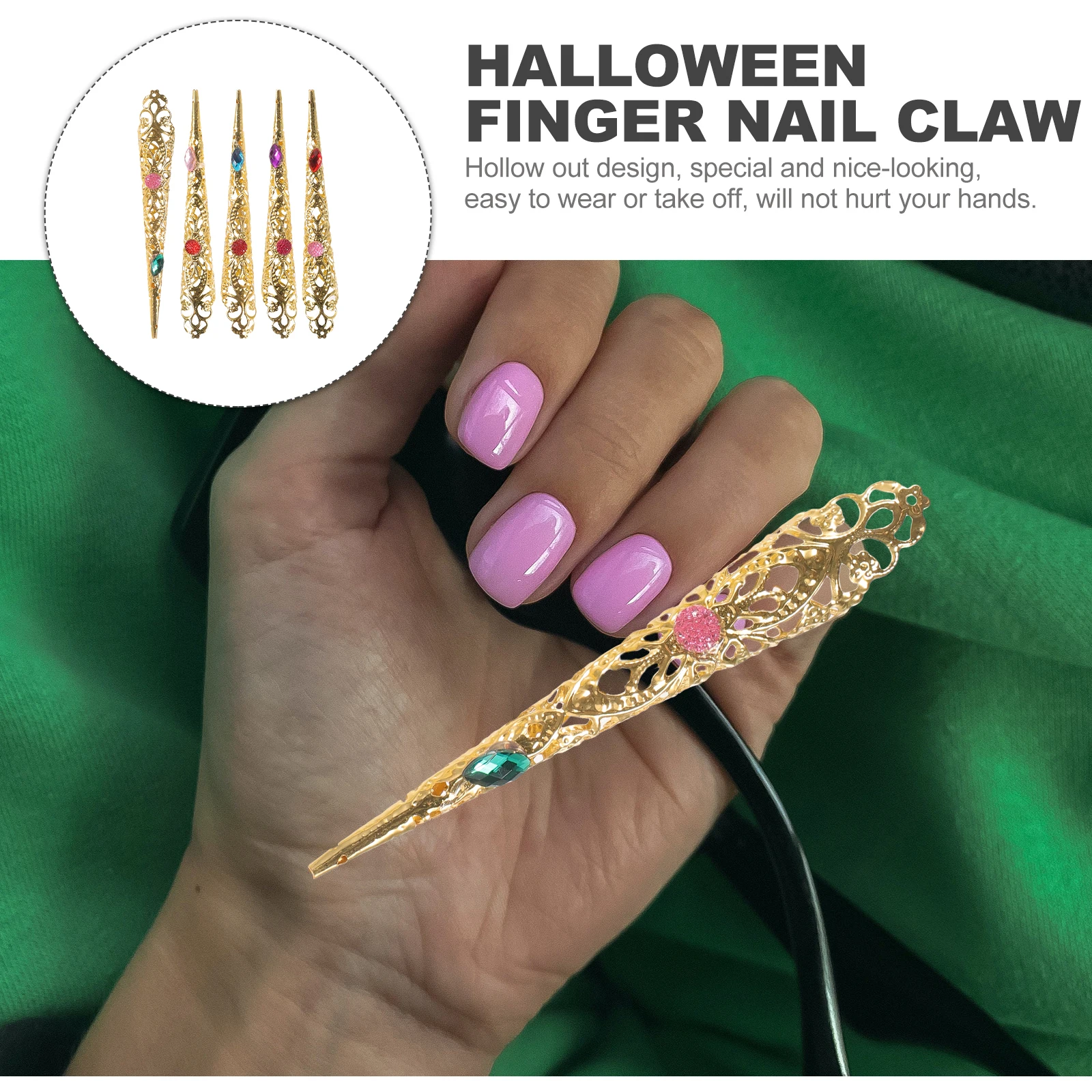 

5pcs Long Artificial Nails Aluminum Alloy Hollow Out Fake Nail Tips For Women Party Costume Performance Cosplay Accessory