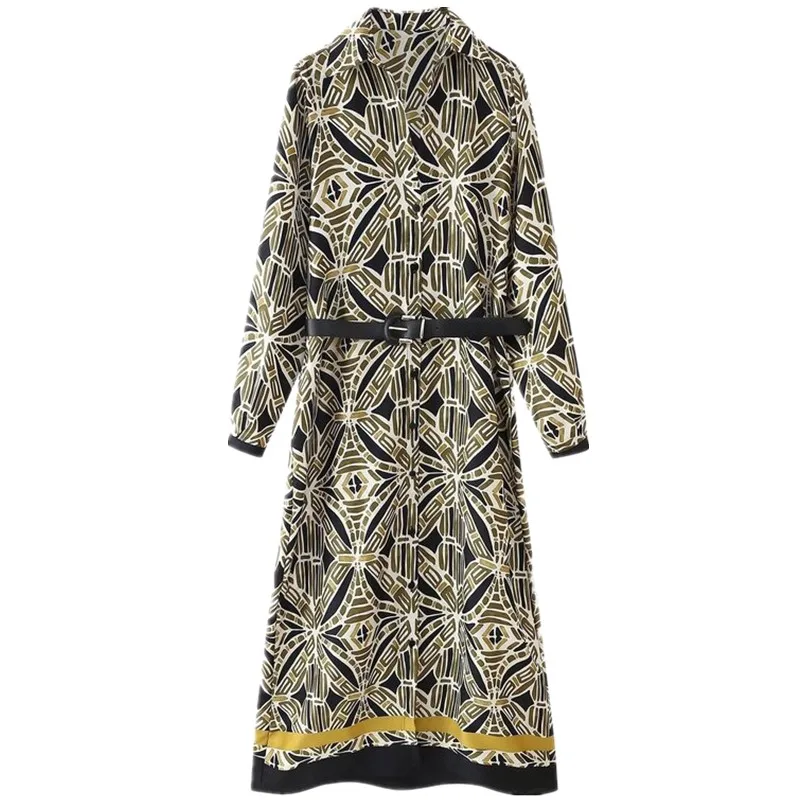 Primavera 2025 Nuovo arrivo Midi Dr da donna con cintura Stampa floreale V-Ne Long Sve Commute Sle Pezzo unico Altro Materia...