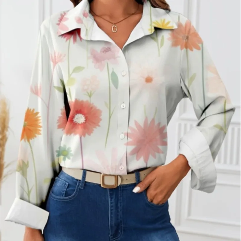 New Elegant Women's Long Sleeve Shirt with Personalized Printed Patterns and Collar Button Comfortable Casual Style for Women