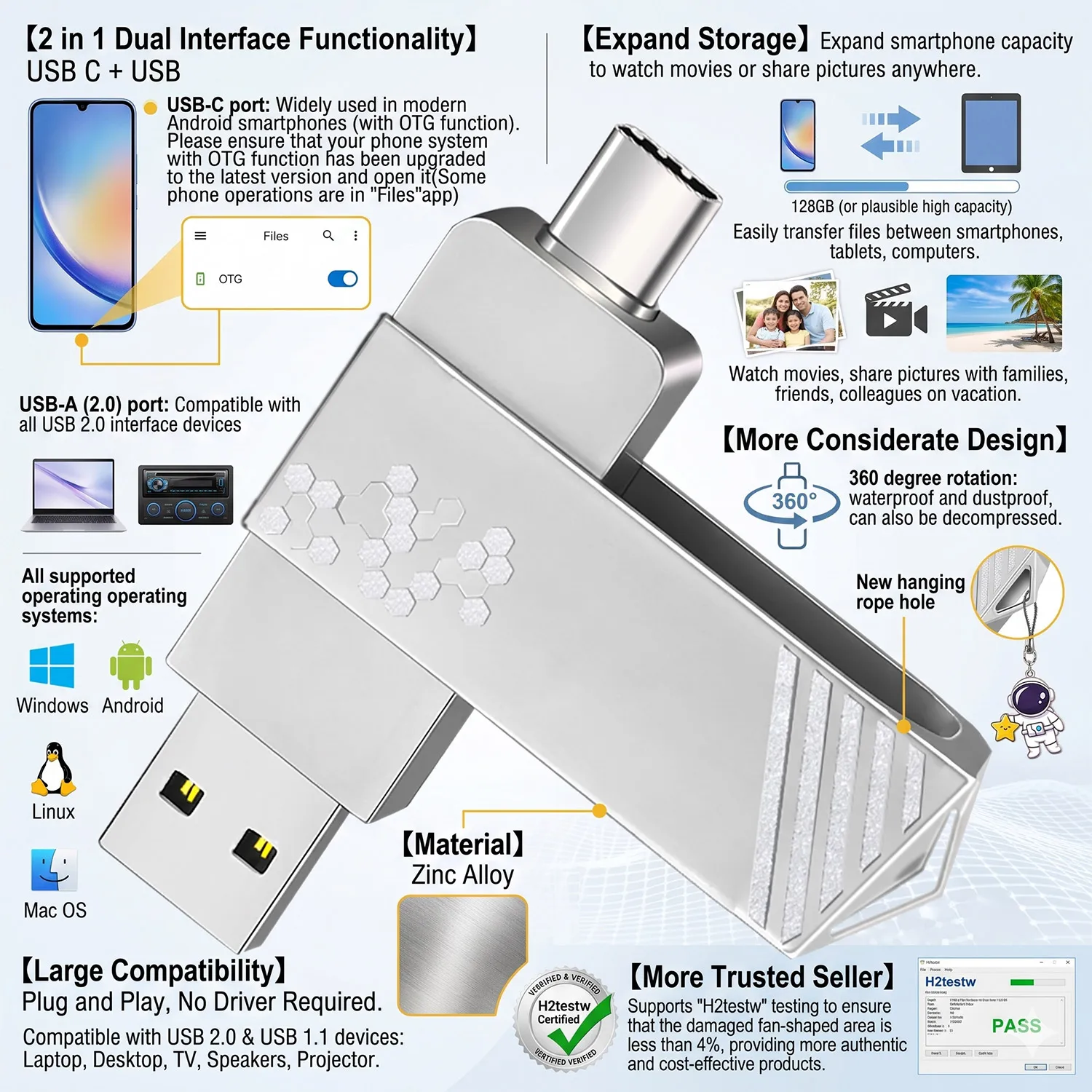 TYPE-C Flash Drive OTG 32GB 64GB 128GB High Speed USB2.0 for Computer Cell Phone USB Metal Mini Pen Drive 16GB 32GB USB 64GB