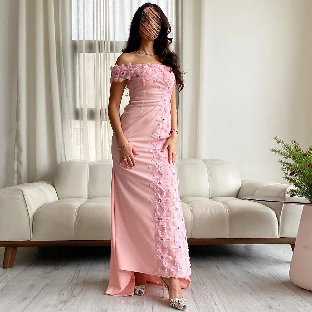 

Pink Flowers Crystal Elegant Sweep Train Jersey Celebrity Party Gown Pleats Sleeveless One Shoulder Strapless Evening Dress 2024