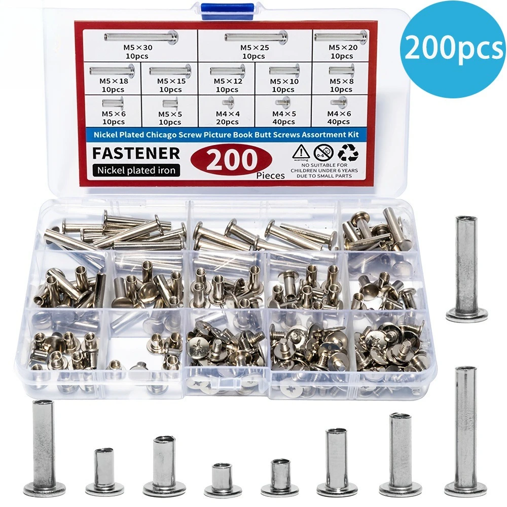 

200pcs Book Column Leather Double Rivets Carbon Steel Double Rivets Grade A Male and Female Double Rivets Flat Round Heads M4 M5