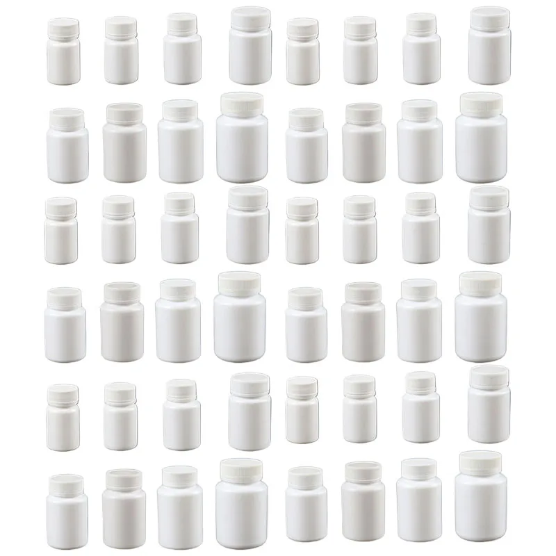 

100Pcs 15-100ML White Plastic Empty Sealing Bottles Solid Powder Medicine Pill Capsule Container Reagent Liquid Packing Bottle