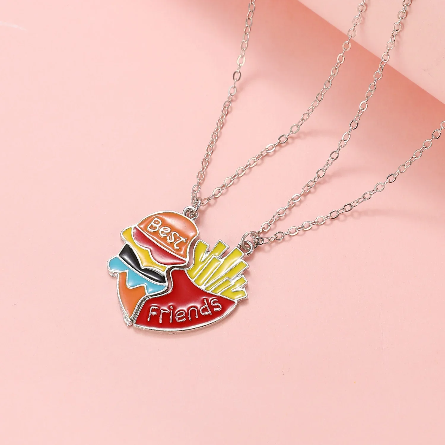 2PCS Fashion Metal Hamburger French Fries Necklace Colorful Separate Love Heart Pendant Necklace For Couple Good Friends Jewelry