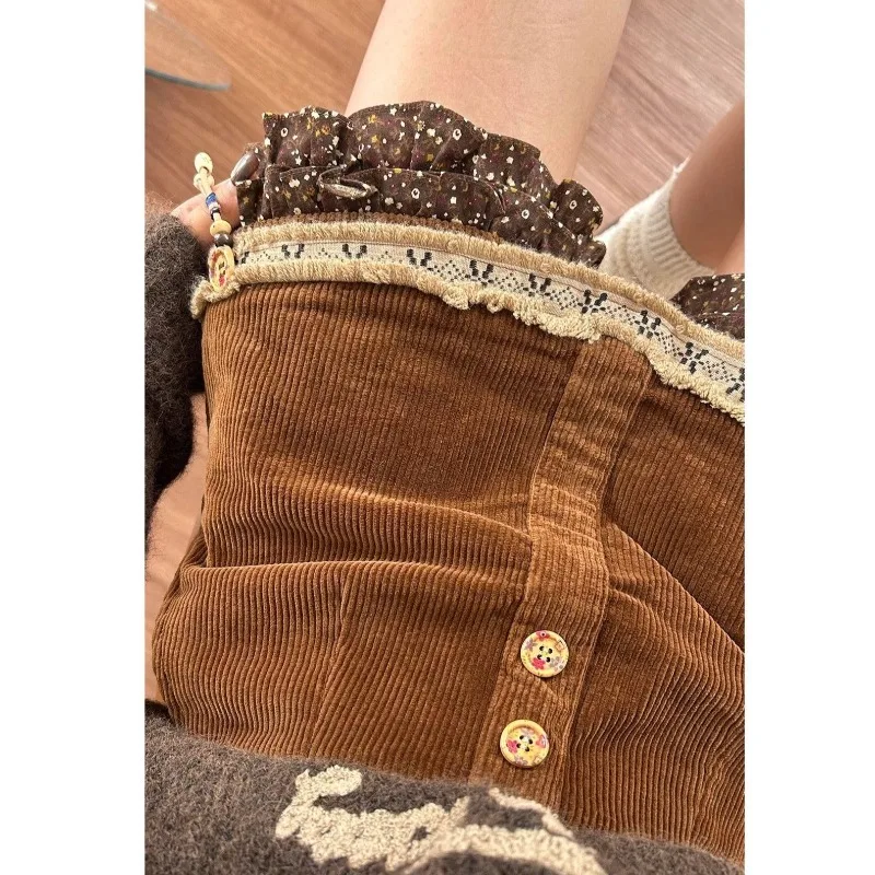 

Винтажная вельветовая повседневная юбка трапециевидной формы с цветочным принтом, женская весна 2026, новая корейская лоскутная плиссированная сексуальная мини-юбка с высокой талией