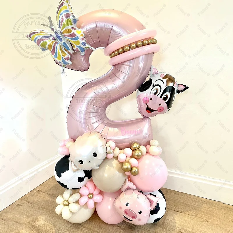 52Pcs Bauernhof Thema Kuh Schmetterling Schafe Rosa Digitale Ballon Set Geburtstag Party Dekoration Schießen Requisiten Baby Dusche Globos