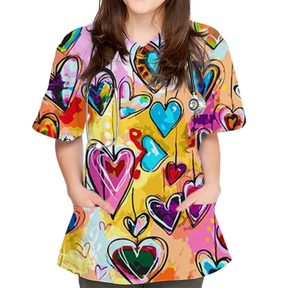 Scrubs Medical Uniforms Woman Elegant Heart Print Clinical Uniform V-Neck Patch Pocket Short Sleeve Top Women's Medical Uniforms