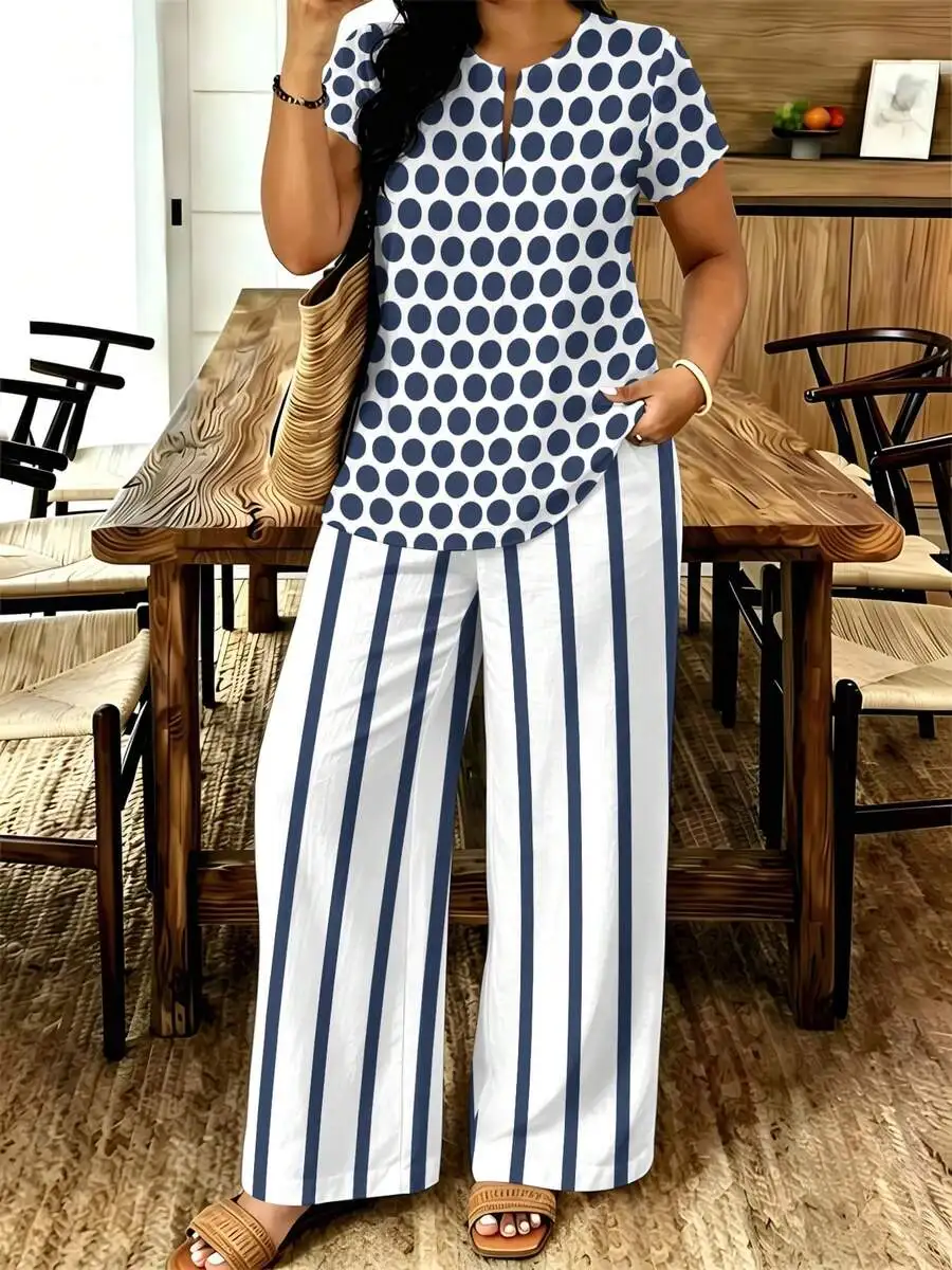 

Plus Size Women’s Polka Dot Short Sleeve Top With Notched V-Neck Paired With High-Waisted Vertical Stripe Wide Leg Pants Set