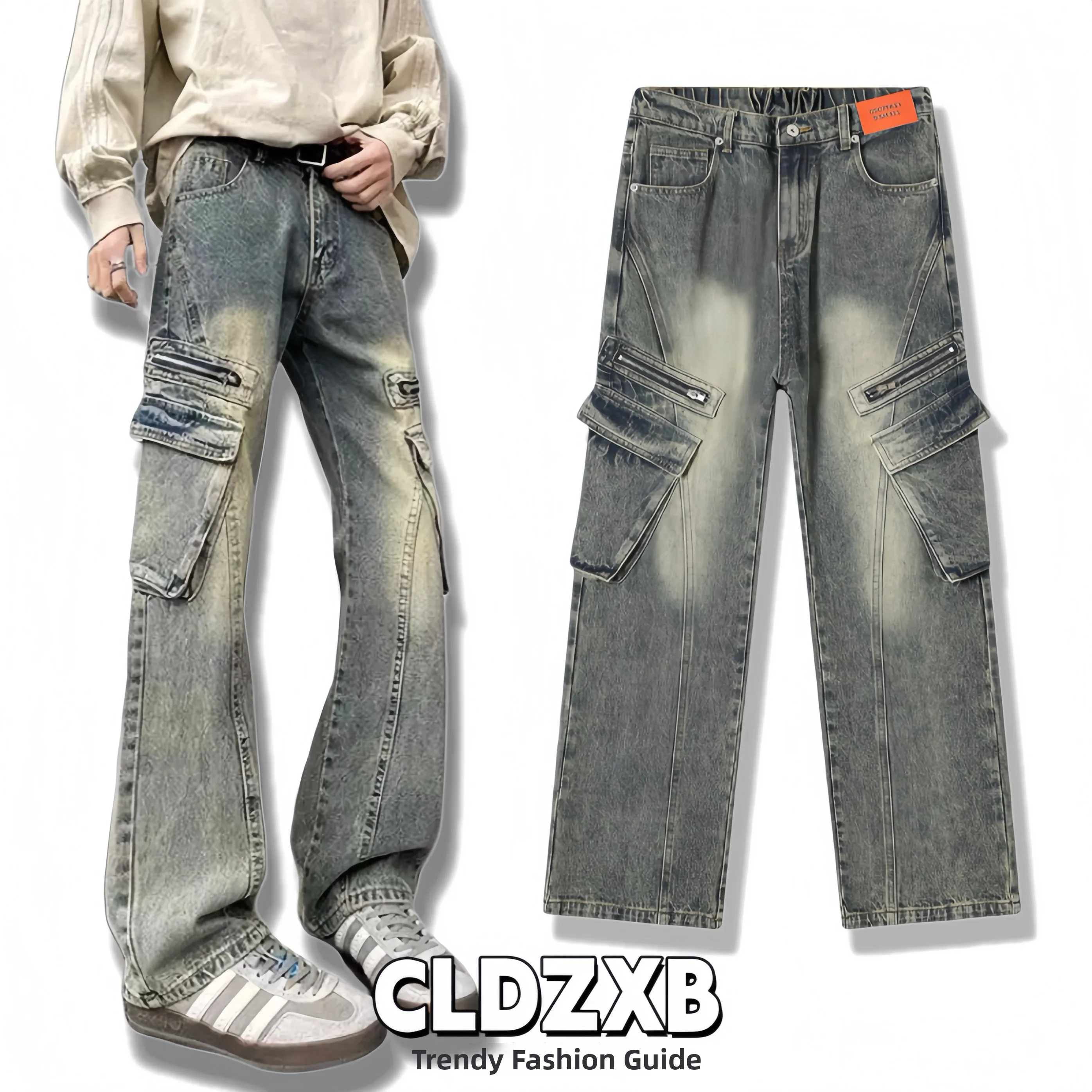 

American Retro Waed Denim Jeans Men's Trendy High Street Straight Loose Wide Leg Casual Pants Youth Wear Four Seasons