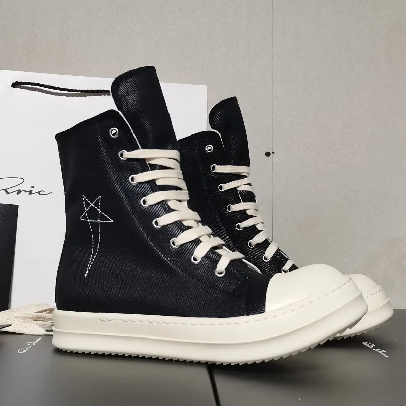 24ss New Black Embroidered Canvas High Top Board Shoes Short Boots Zipper White Paired Cloth Shoes Couple Men's Shoes