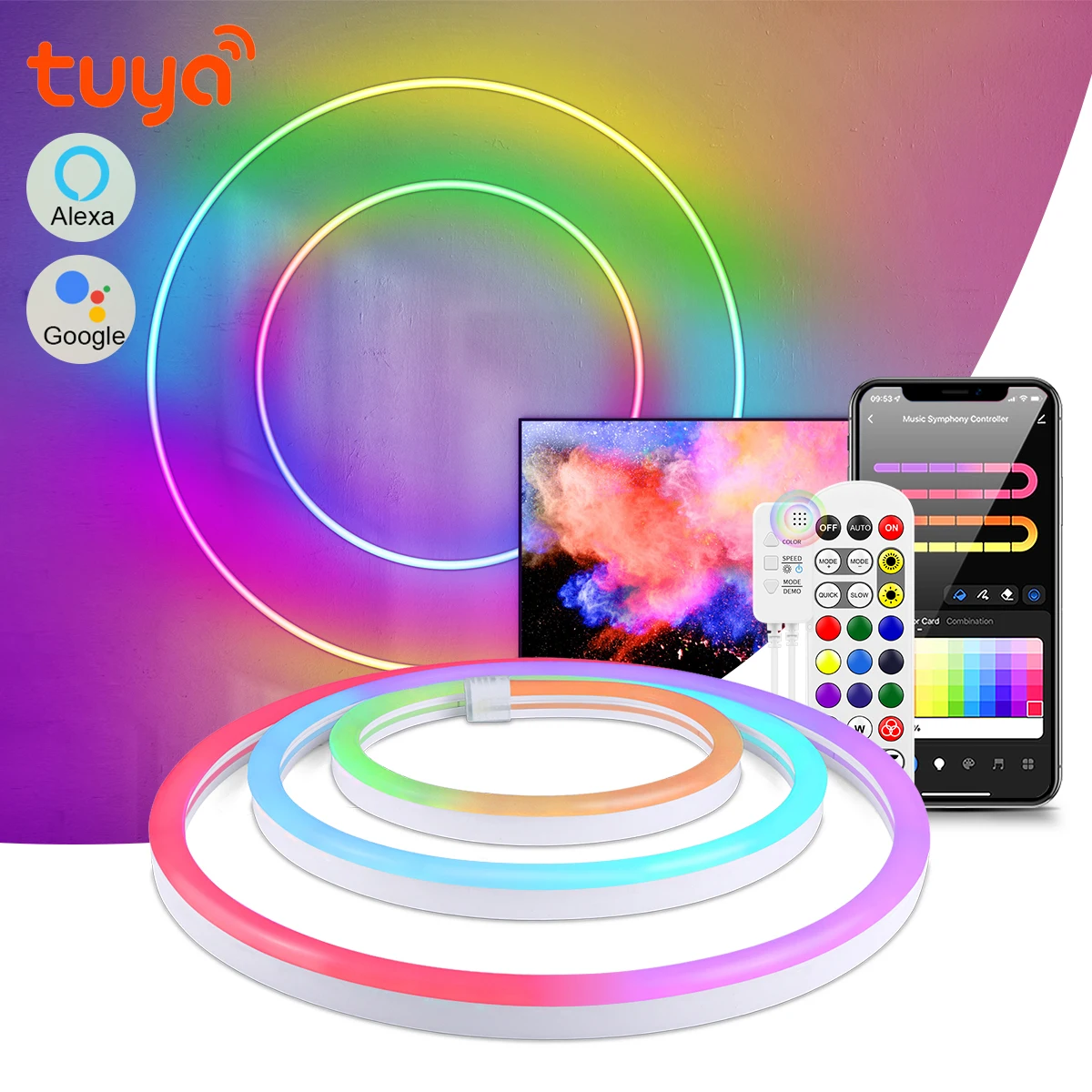 

24V Tuya LED Strip WiFi/Bluetooth Control Silicone Neon Rope Light with Music Sync RGBIC Dreamcolor Chasing Tape Game Room Decor