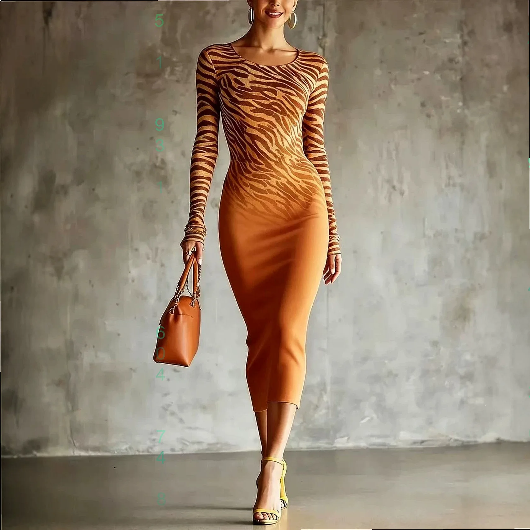 Ombre Zebra Print Bodycon Midi Dress Long Sleeve Crew Neck Spring Summer Slim