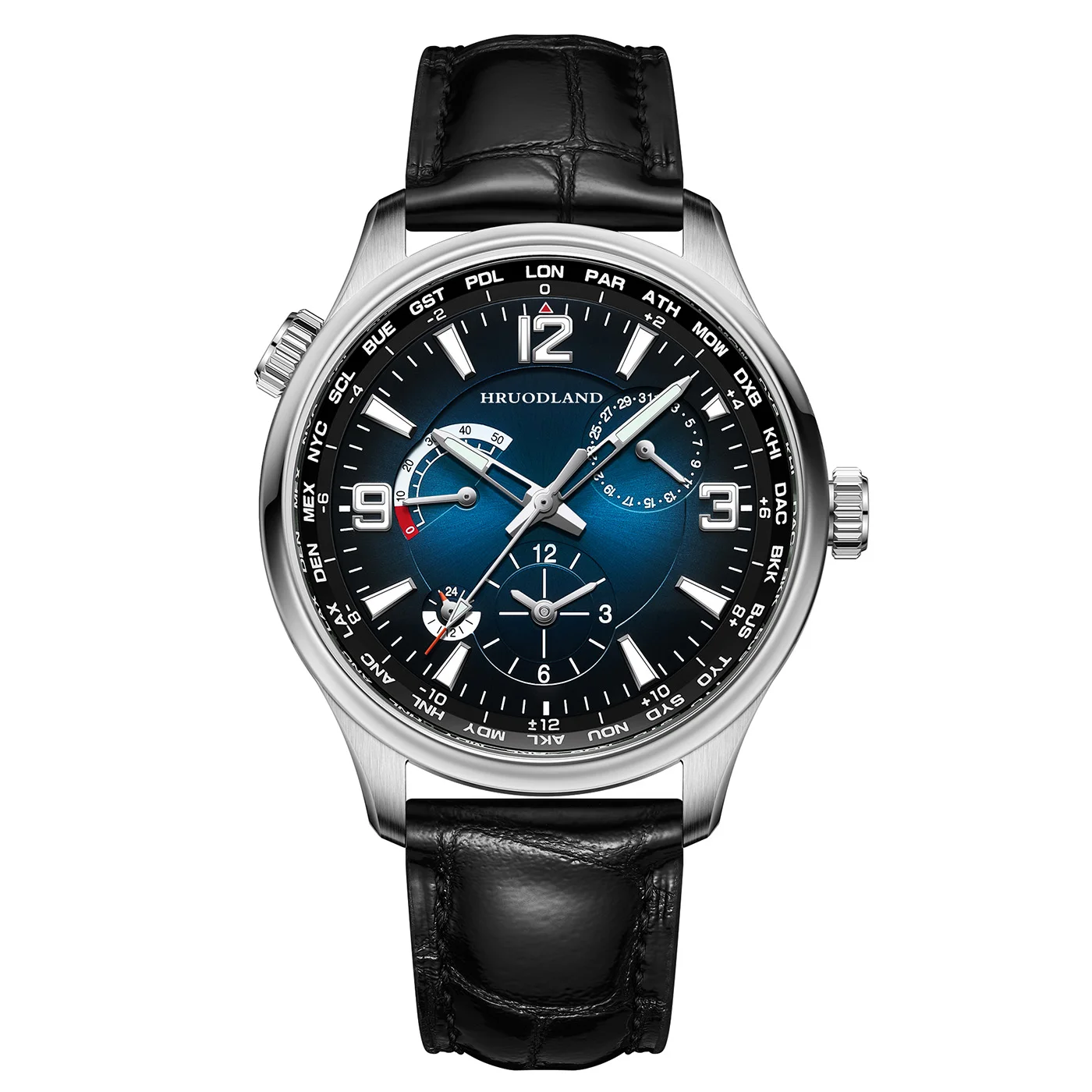 HRUODLAND GMT Watch Automatic Watch for Men World Time Mechanical with Power Reserve 43mm Sapphire Crystal Multifunction Travel