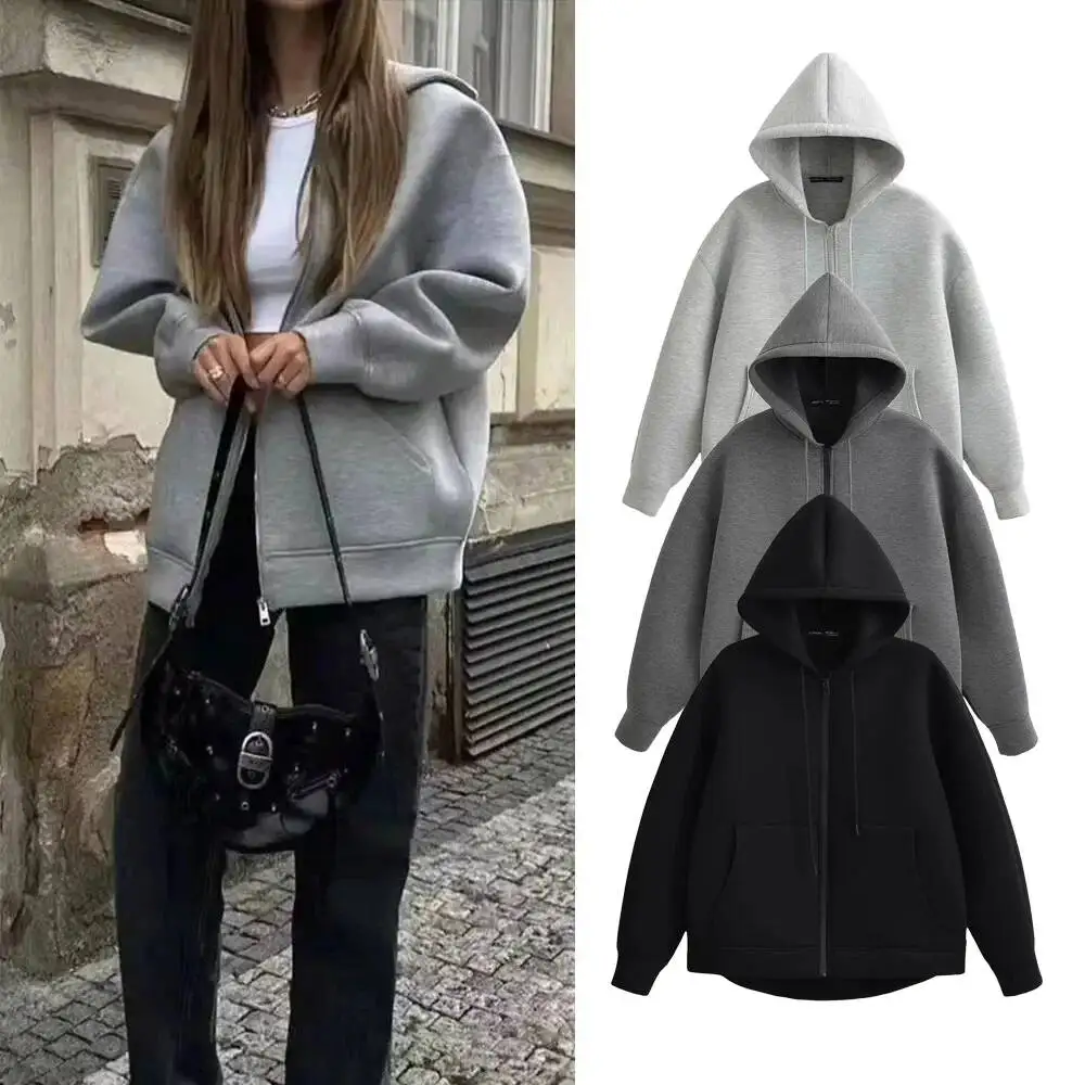 

Autumn Women Gray With Hood Long Sleeve Big Pocket Zipper Jacket Woman Loose Casual Outerwear Coat Tops