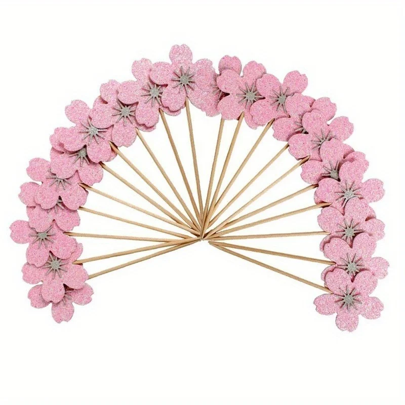 10Pcs Cherry Blossoms Cupcake Topper Toothpick Dessert Toppers Cake Decoration Picks for Wedding Birthday Party Supplies