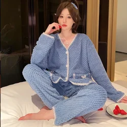 5XL Plus Size Flannel Pajamas set Women's Winter Warm Sweet Long-sleeved Cardigan Trousers Home Suit Loose Loungewear Outerwear