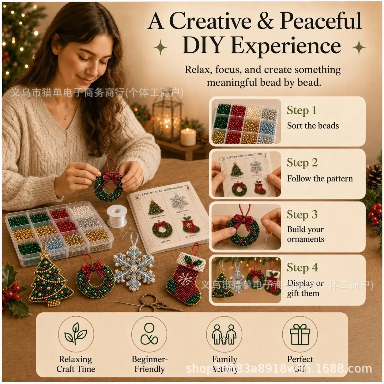 Christmas Beaded Hanging Ornament DIY Kit Xmas Holiday Bead Sewing Craft Set for Craft Lovers Christmas Party Favor Gift