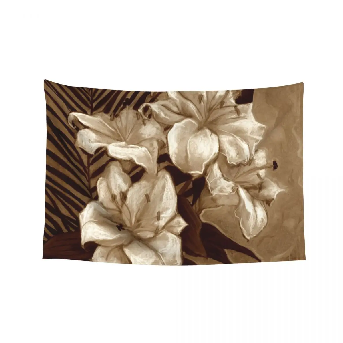 

White Lilies and Palm Leaf, Floral Pastel Brownscale Tapestry Room Decorations Christmas Decoration Tapestry