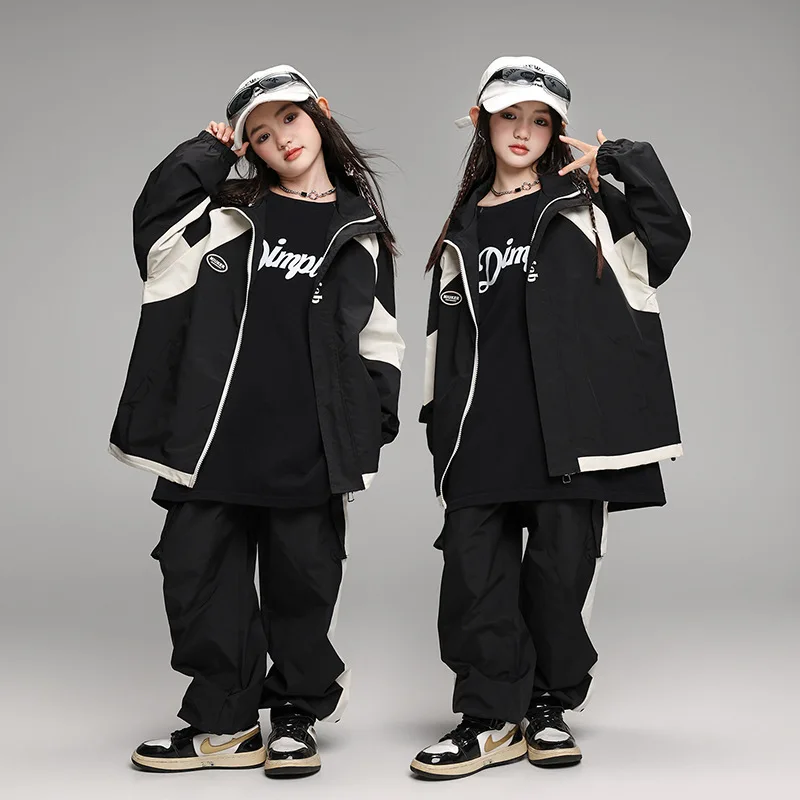 Kid Cool Black Hip Hop Clothing Color Block Windbreaker Jacket Top Casual Jogger Pants for Girl Boy Jazz Dance Costume Clothes