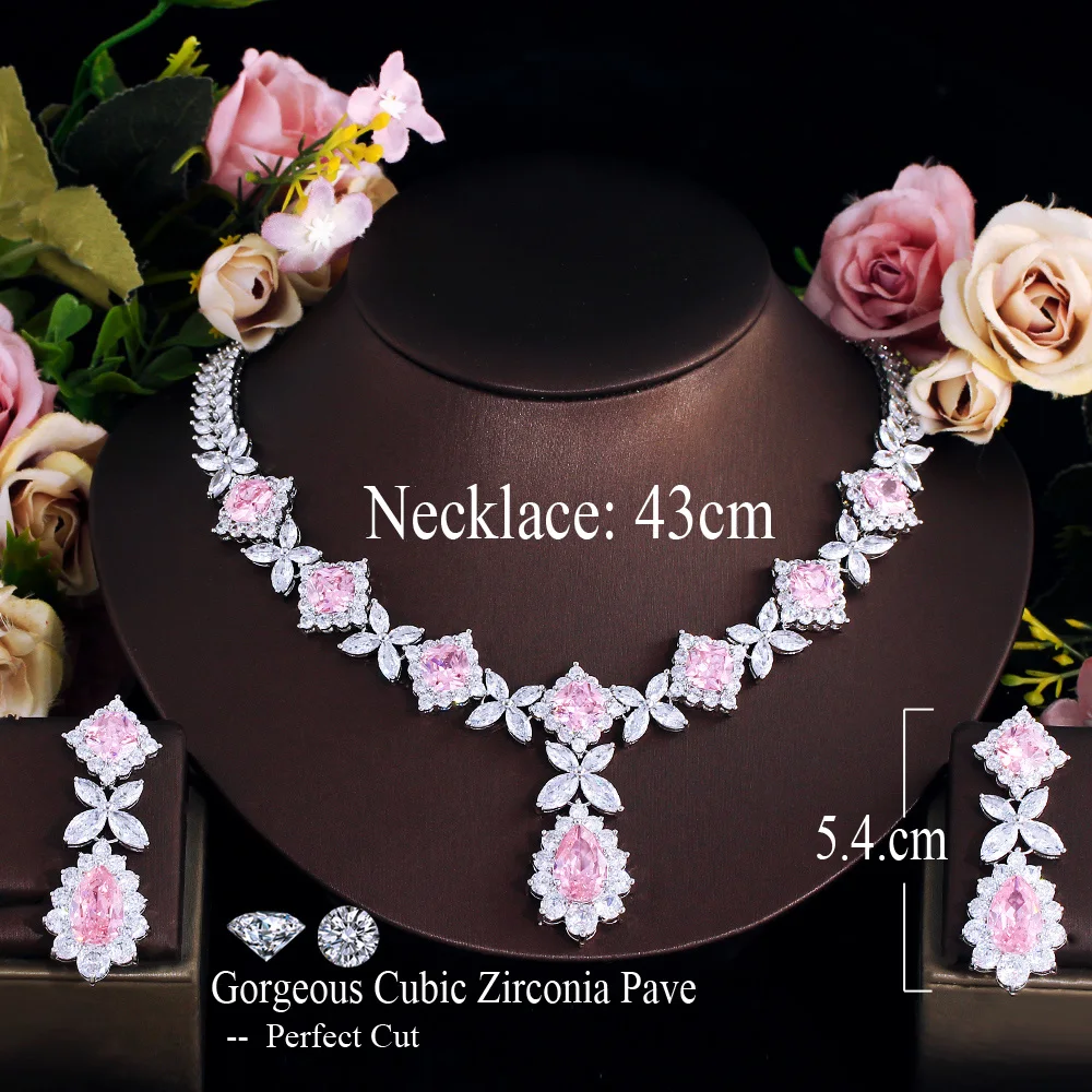 CWWZircons Luxury Super Gorgeous Leaf Drop Pink Cubic Zirconia Wedding Bridal Necklace Earrings Top Jewelry Sets for Brides T738