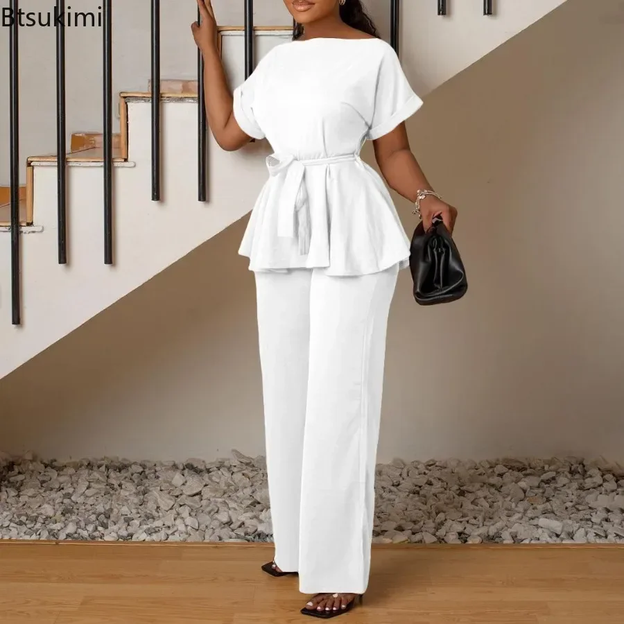 2024 Women's Matching Sets Fashion Vintage Solid Lace-up Tops and High Waist Wide Leg Pants Two Piece Set Ladies Elegant Outfits