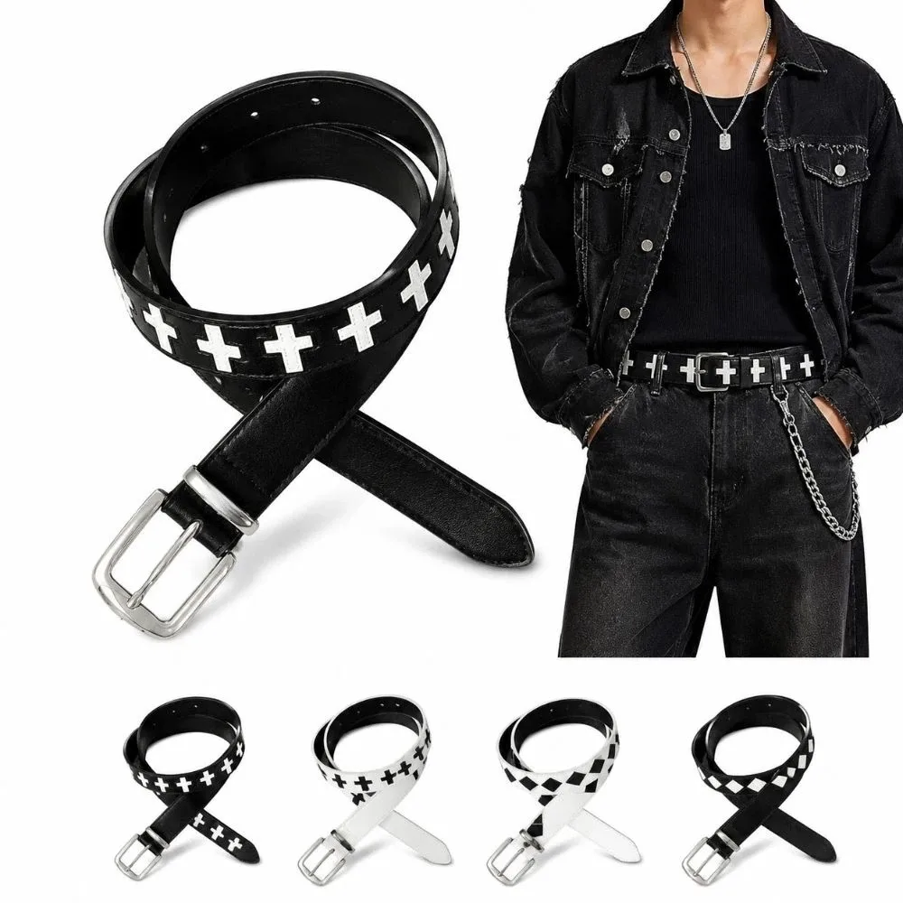 Black White Punk Women Men Belt Y2K Cross Pattern Retro Pin Buckle Belt PU Leather Hip Hop Streetwear Waist Belt For Jeans