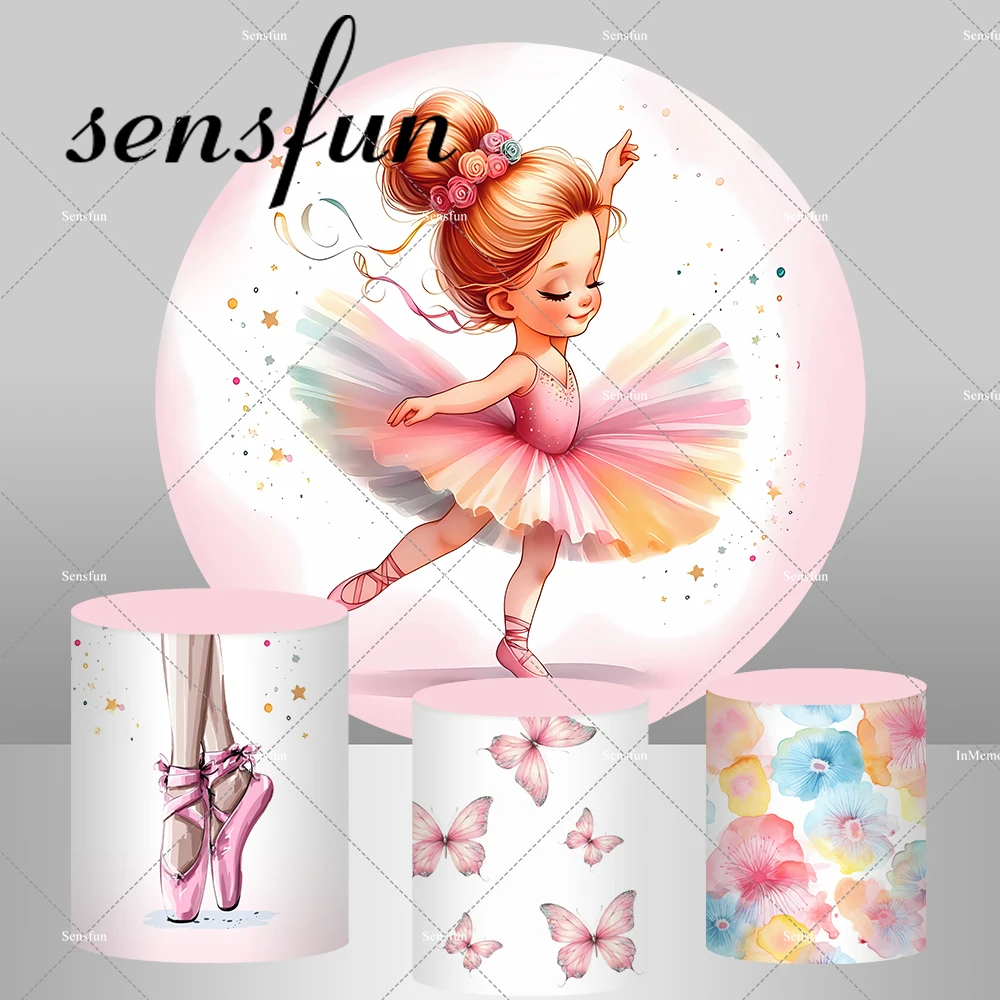 Fairy Girls Dance Ballerina Theme Birthday Party Round Backdrop Baby Shower Backgrounds Butterfly Ballet Shoes Plinth Covers