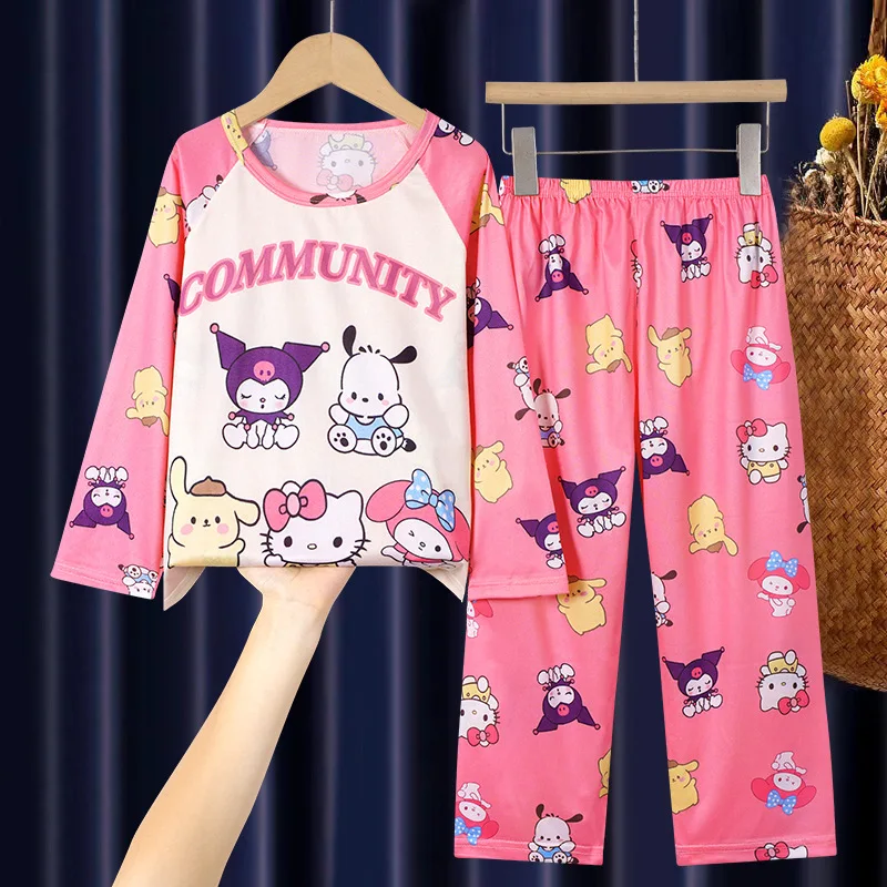 2pcs Kid's Sanrio Kuromi Milk Silk Pajamas, Long Sleeve Top & Pants Set, Cinnamoroll Pattern Comfy Set, Girl's Loungewear