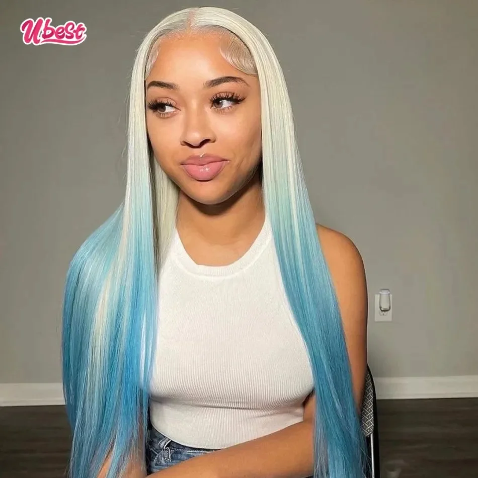 13x6 Ombre 613 Sky Blue Straight Lace Front Human Hair Wig 180%Density Brazilian Body Wave Transparen Lace Frontal Wig For Women