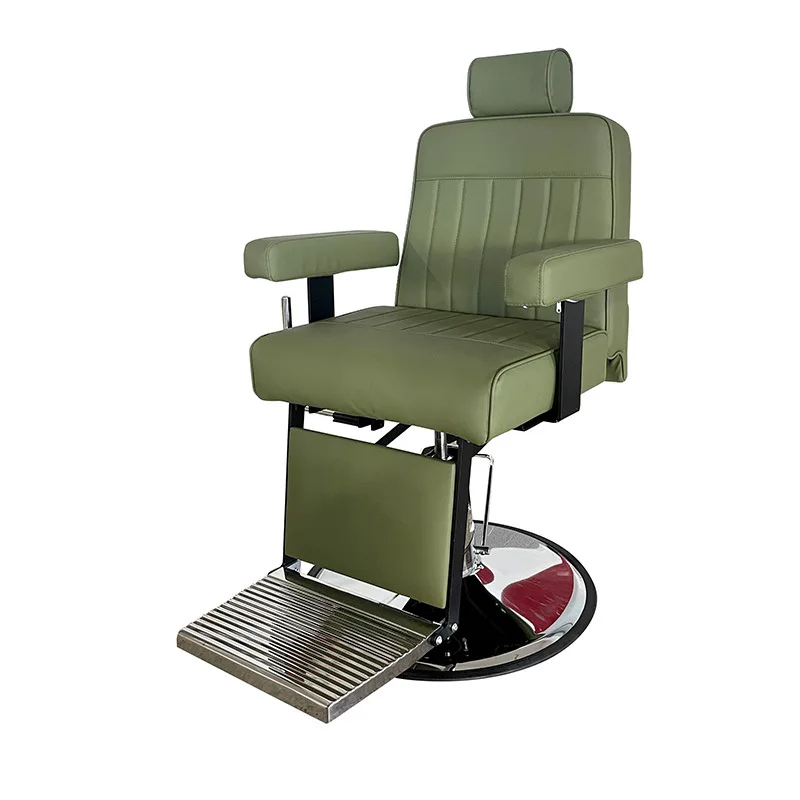 

Luxury Modern Barber Shop Furniture Silver Round Base Green Leather Barber Chair Swivel