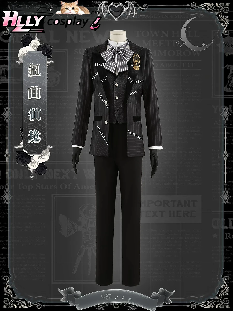 Twisted Wonderland 2024 Halloween Anime Custom Suit Cosplay Costume Black Pinstripe Jacket Vest Bow Tie Gloves Full Set & Men's - view 3