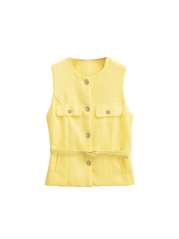 

Женский новый модный темперамент в европейском и американском стиле, универсальная металлическая пряжка с поясом, жилет с круглым вырезом и текстурой в стиле панк