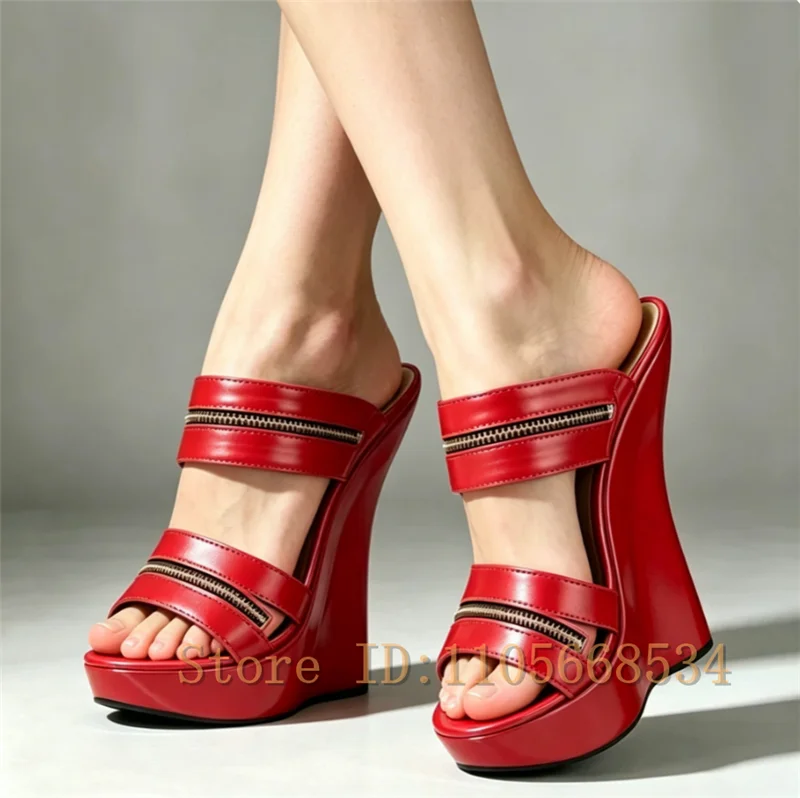 Women Super High Wedges Mules Sandals Zipper Decor Platfporm Open Toe Slide Slippers Sexy Pole Dancing Night Club Fashion Shoes