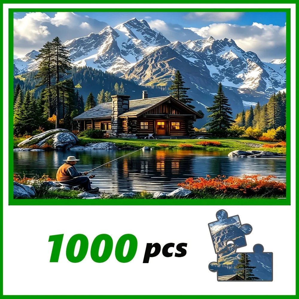Vintage Jigsaw Puzzle, Magical Cosmic Tree, Mountain Fishing Log Cabin, Sunset Lake Chalet, Snowy Winter Village, Wall Decor