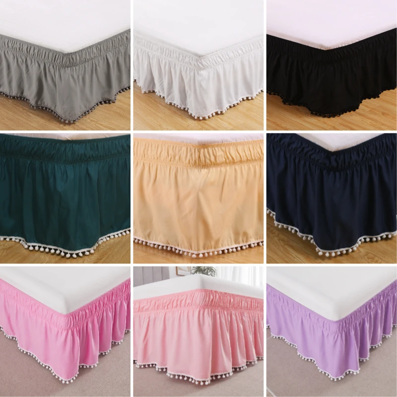 Solid Color Pom-Pom Bed Ruffle Skirt Elastic Removable Soft Comfortable Bedside Decoration 16 Inch Drop For Bedromm Renovation