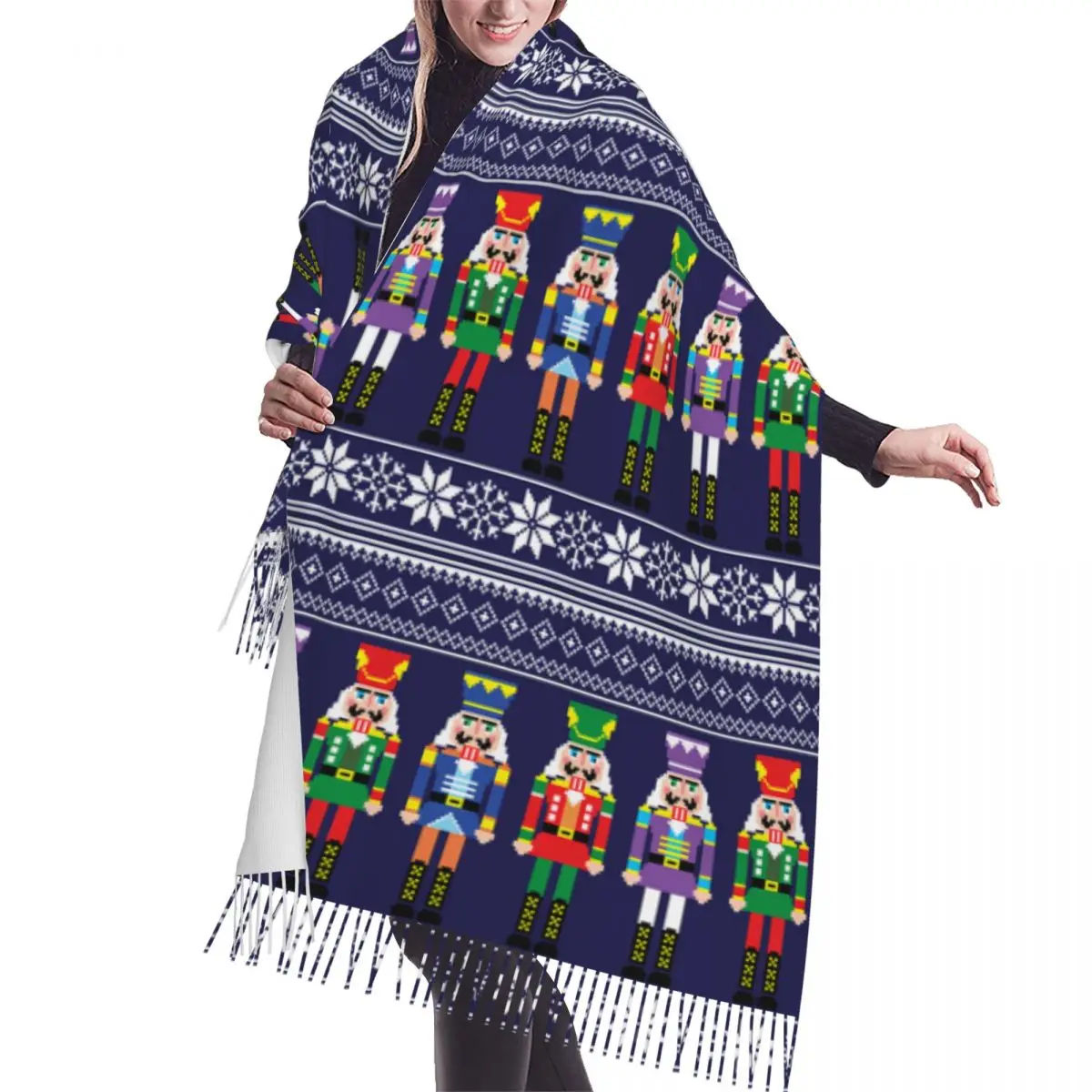 

Christmas Nutcrackers Soldier Pattern Tassel Scarf Women Soft Shawls Wraps Ladies Winter Fashion Versatile Female Scarves