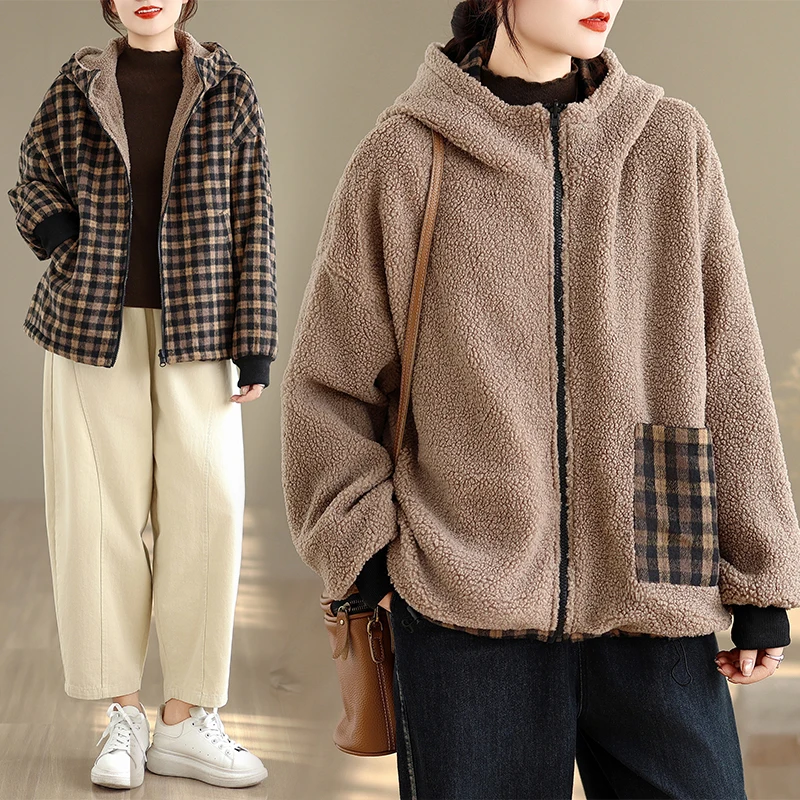 

Faionable Thiened Fce Casual Double-Sided Wear Winter Cotton Jaet Women's Slimming Anti-Aging Sli Outerwear Top