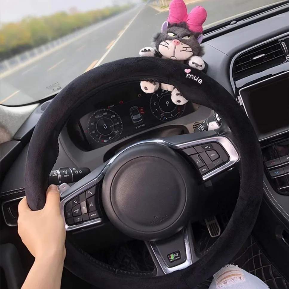 Cartoon Panda Cat Winter Fluffy Steering Wheel Cover Cute Plush Anti Slip Cold Proof Universal Fit 38cm for Women Girls Auto Car