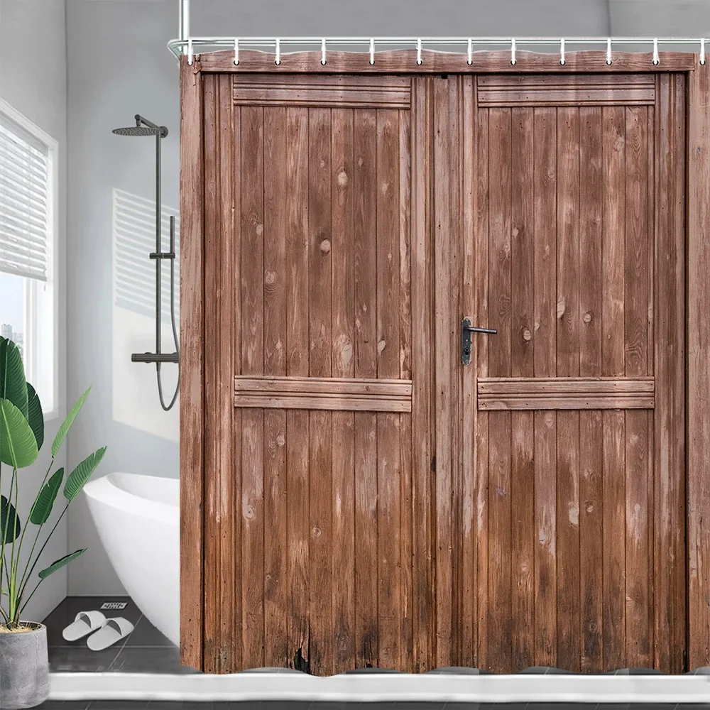 Rustic Farm Barn Door Shower Curtains Vintage Wood Plank Wheel Sunflower Polyester Fabric Bathroom Decor Bath Curtain with Hooks