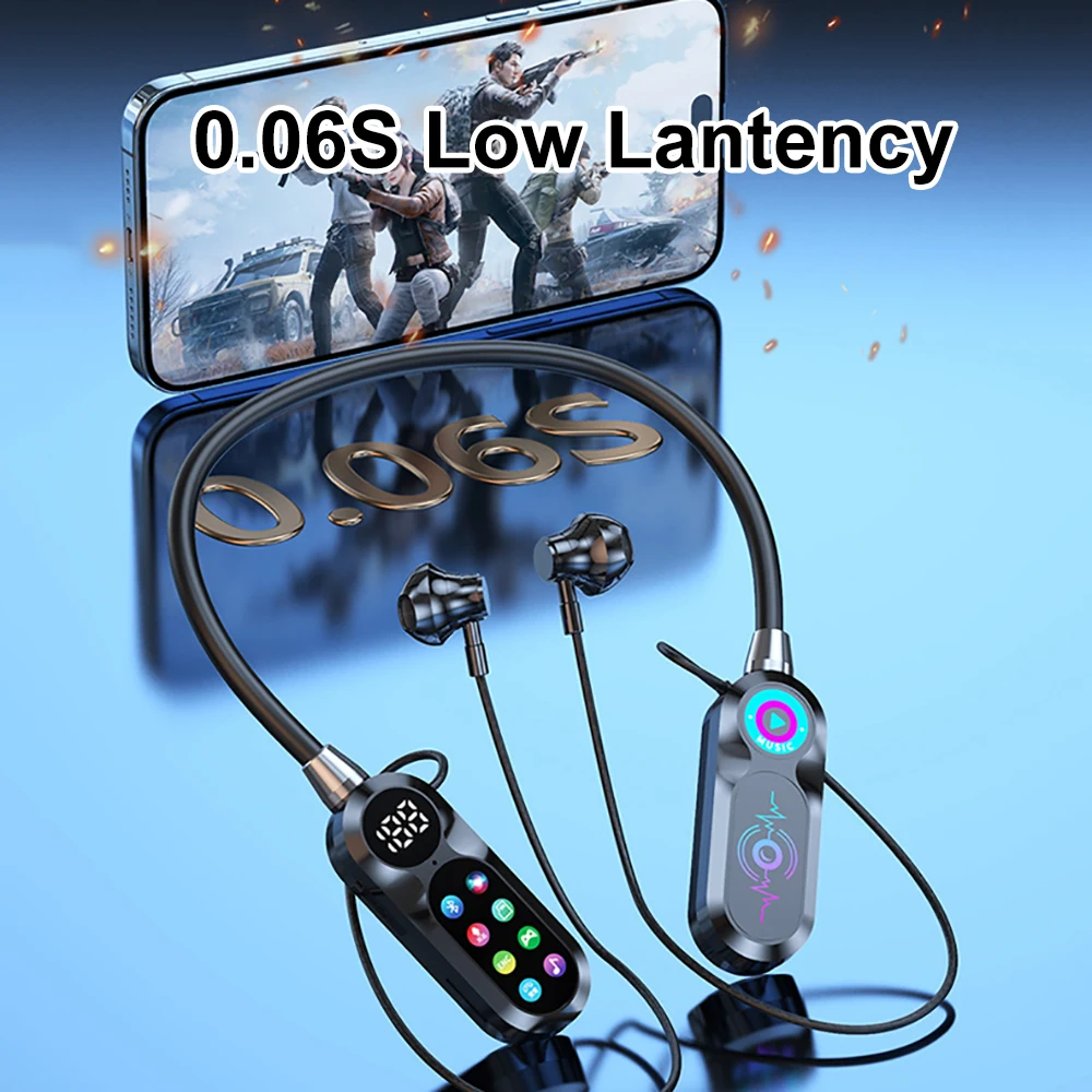 HD شاشة بلوتوث 5.4 سماعات شريط حول ياقة الملابس سماعات TWS سماعات لاسلكية HiFi ستيريو سماعات أذن مقاومة للماء تدعم بطاقة TF
