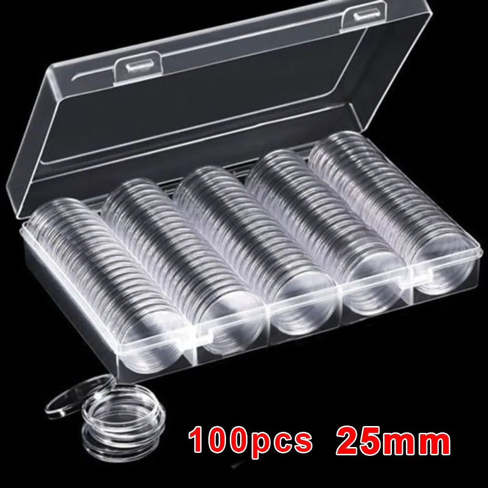 

100x 25mm Coin Capsules Round Plastic Coin Holder Box Case Container With Storage Organizer Box For Coin Collection