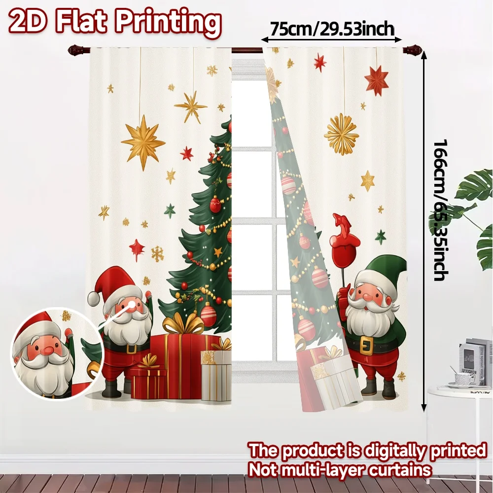 2pcs,Curtains Cute Santa Claus Christmas Tree Gifts Chic Curtain Cloth Machine Washable Fabric Curtains Decorations Decorative