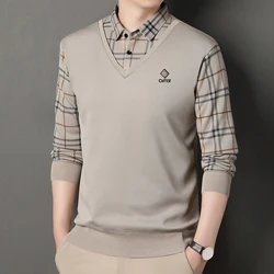 Men's Plaid Sweater Fleece Pullover Slim Fit Elegant Luxury Brand Fake Two Pieces Knitted Sweaters