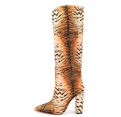 Winter Brown Tiger Animal Print Pointed Toe Tube Long Botas Shoes Women Run Way Fashion Slip On Knee High Boots Lady Size 47