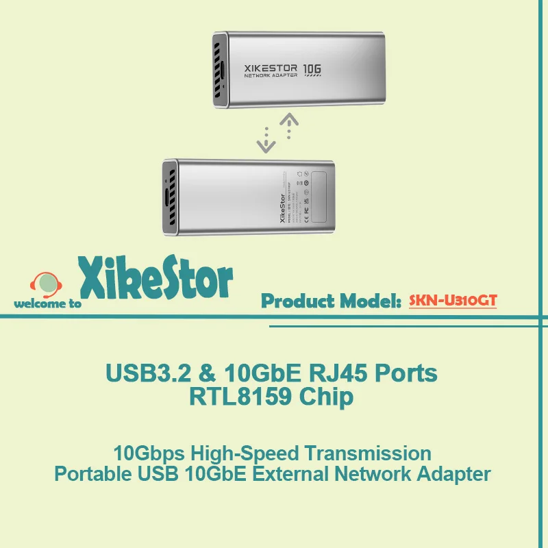 XikeStor USB3.2 & 10GbE RJ45 Ports RTL8159 Chip Portable USB 10GbE External Network Adapter 10G High-Speed Transmission